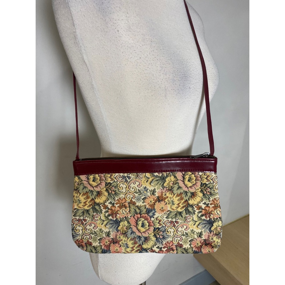 Vintage‎ Floral Tapestry Crossbody Bag Burgundy Trim Woven Flower Purse